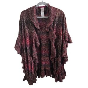 Chico's Space Dye Ruffle Cardigan S/M Open Front Knit Wrap Poncho Shawl Burgundy